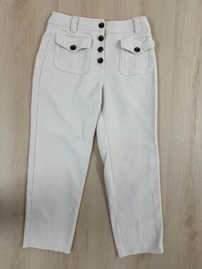 Boden Off-white Cropped Cotton Blend Pants with Button-Fly